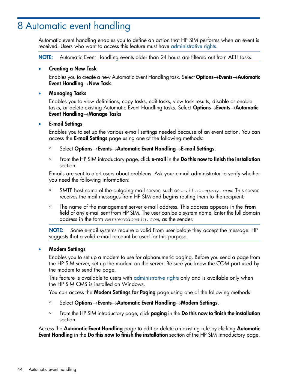 8 automatic event handling | HP Systems Insight Manager User Manual | Page 44 / 254