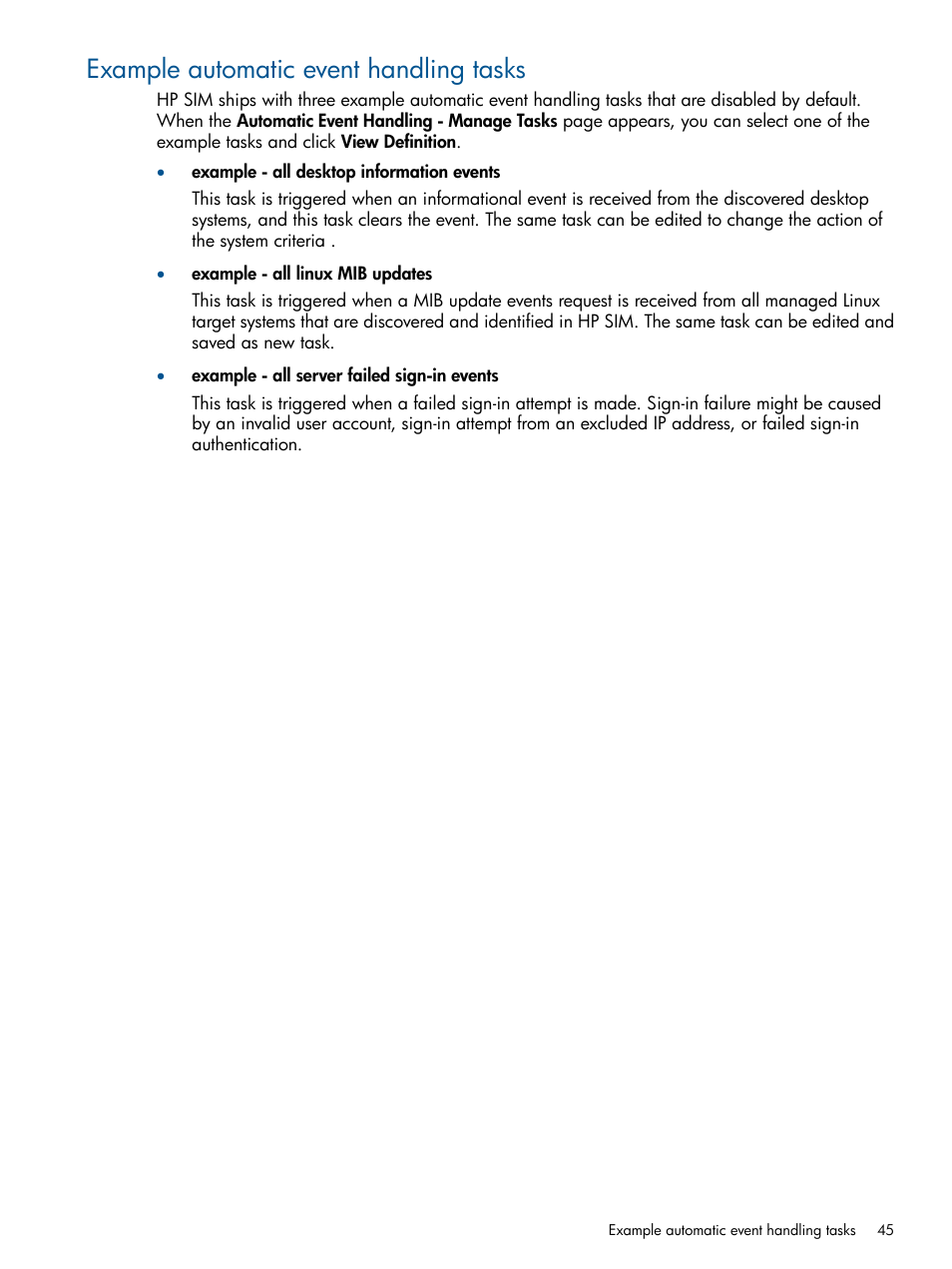Example automatic event handling tasks | HP Systems Insight Manager User Manual | Page 45 / 254