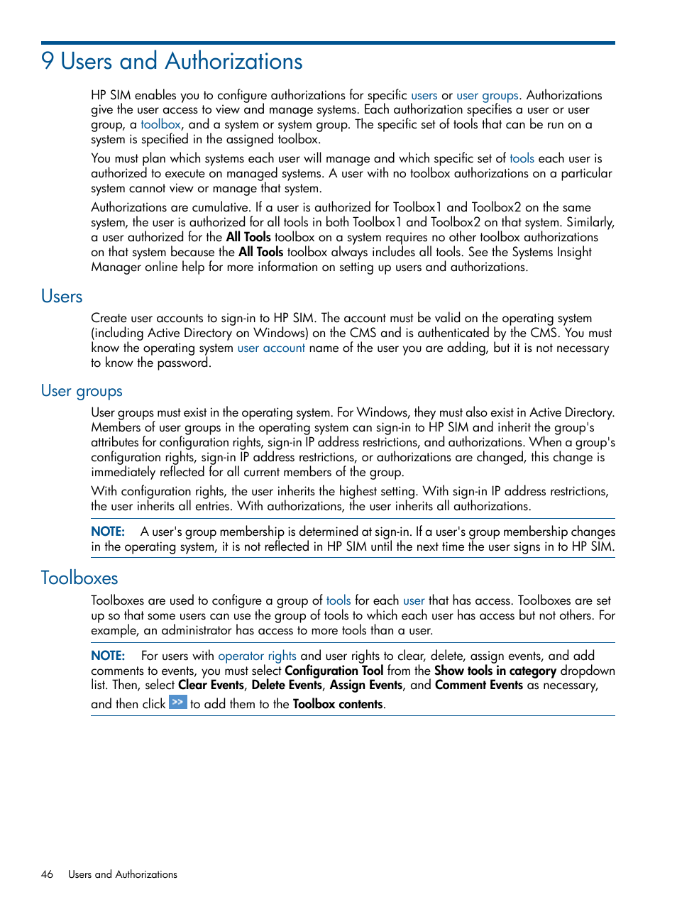 9 users and authorizations, Users, User groups | Toolboxes | HP Systems Insight Manager User Manual | Page 46 / 254