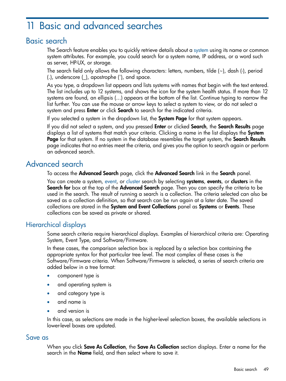 11 basic and advanced searches, Basic search, Advanced search | Hierarchical displays, Save as, Basic search advanced search, Hierarchical displays save as | HP Systems Insight Manager User Manual | Page 49 / 254