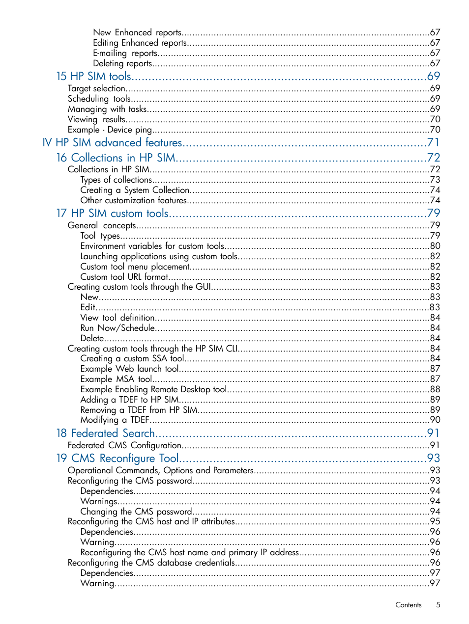 15 hp sim tools, 17 hp sim custom tools, 18 federated search | 19 cms reconfigure tool | HP Systems Insight Manager User Manual | Page 5 / 254