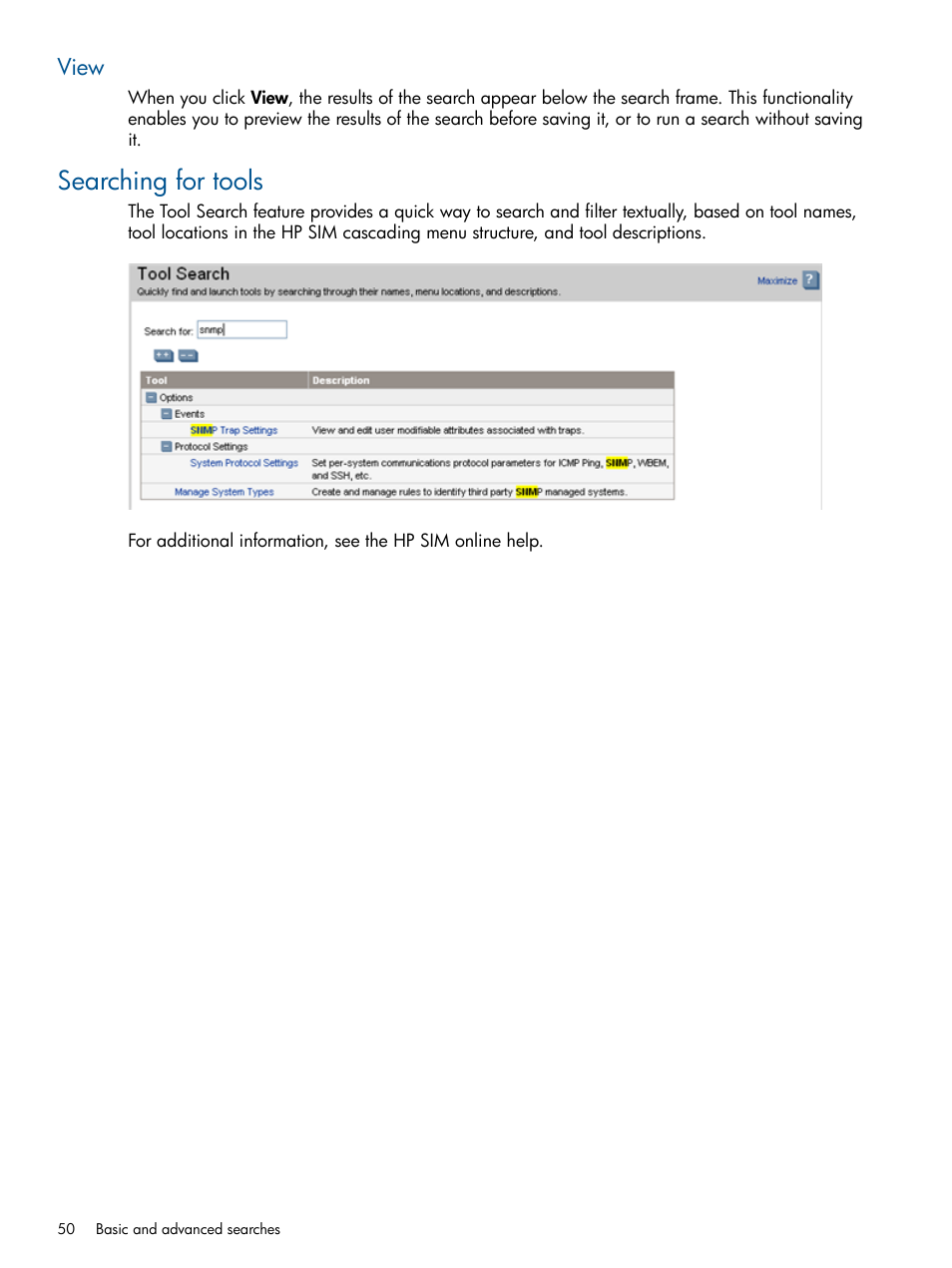 View, Searching for tools | HP Systems Insight Manager User Manual | Page 50 / 254