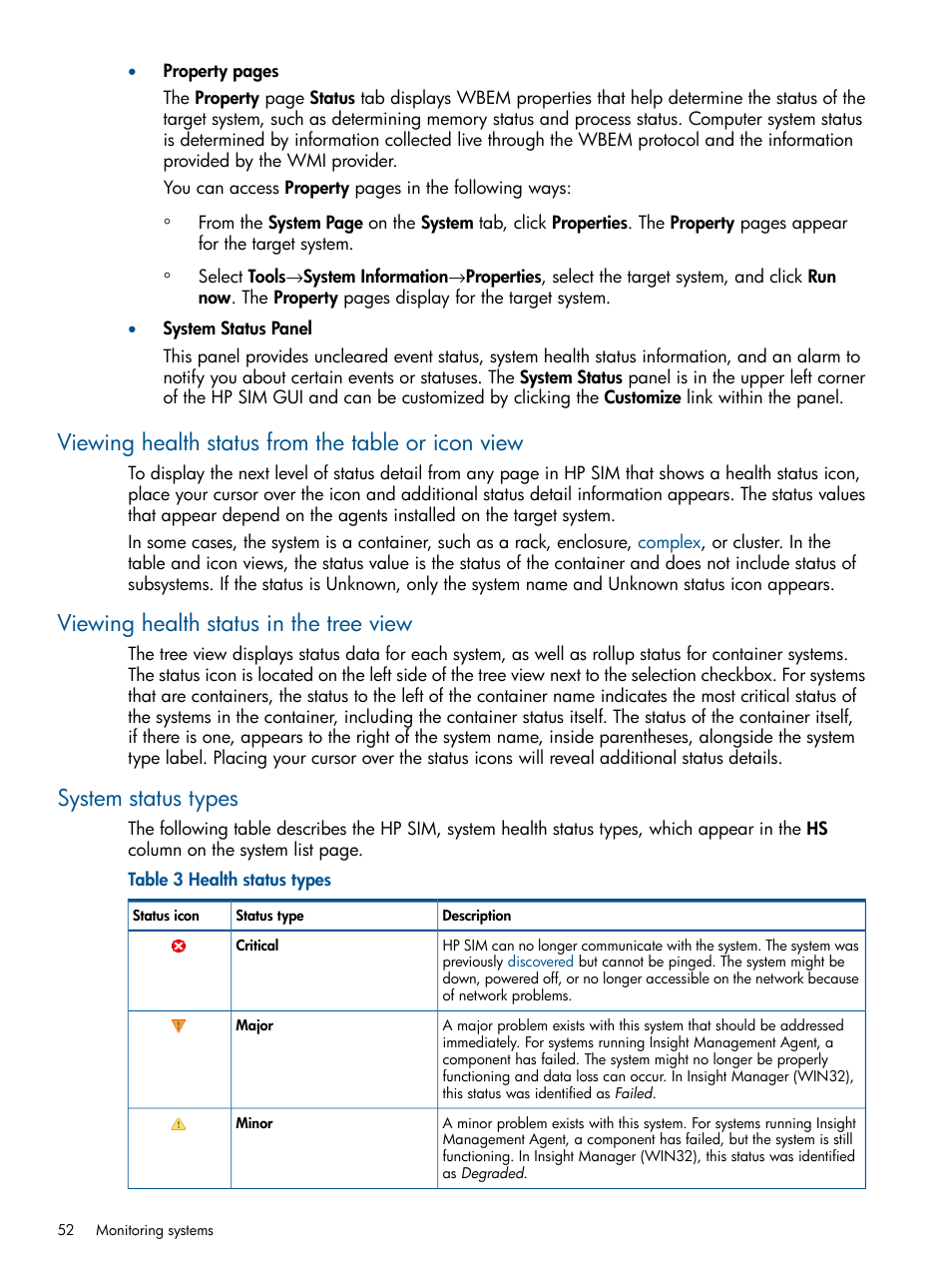 Viewing health status from the table or icon view, Viewing health status in the tree view, System status types | HP Systems Insight Manager User Manual | Page 52 / 254