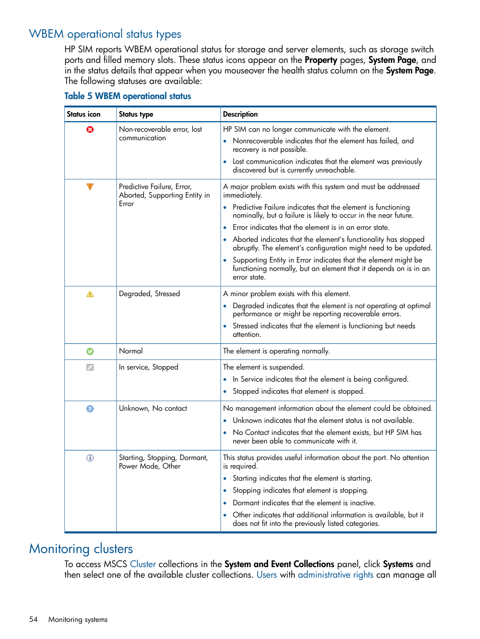 Wbem operational status types, Monitoring clusters | HP Systems Insight Manager User Manual | Page 54 / 254