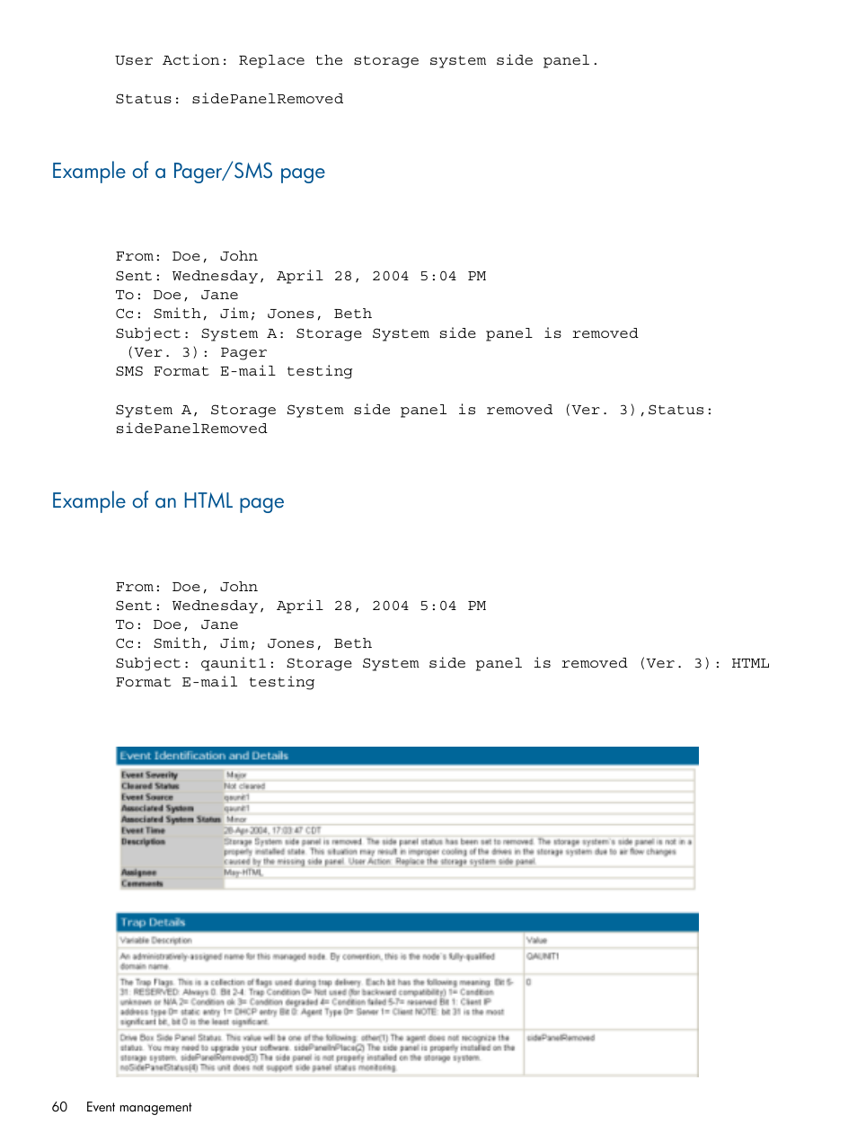 Example of a pager/sms page, Example of an html page | HP Systems Insight Manager User Manual | Page 60 / 254