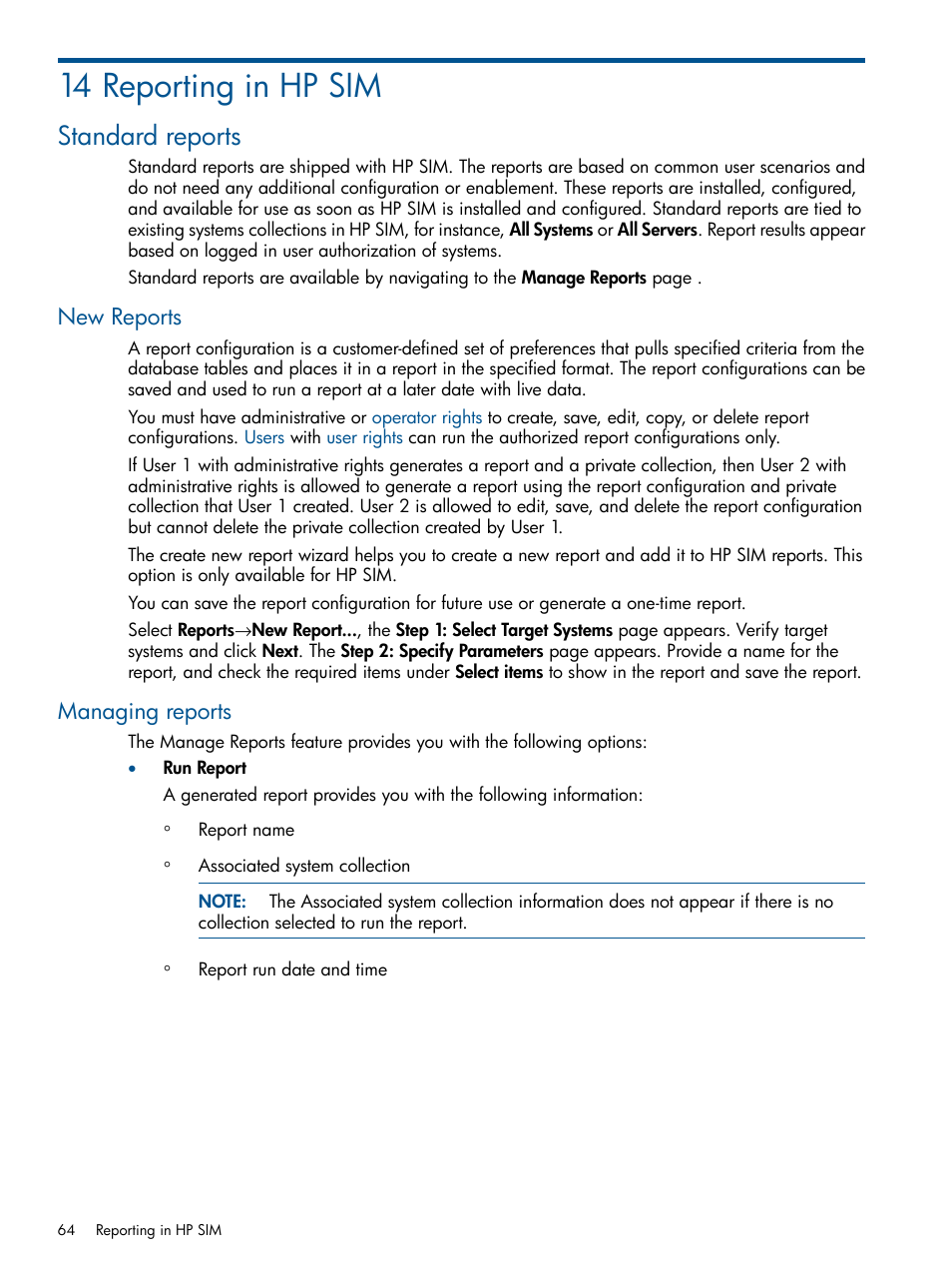 14 reporting in hp sim, Standard reports, New reports | Managing reports, New reports managing reports | HP Systems Insight Manager User Manual | Page 64 / 254