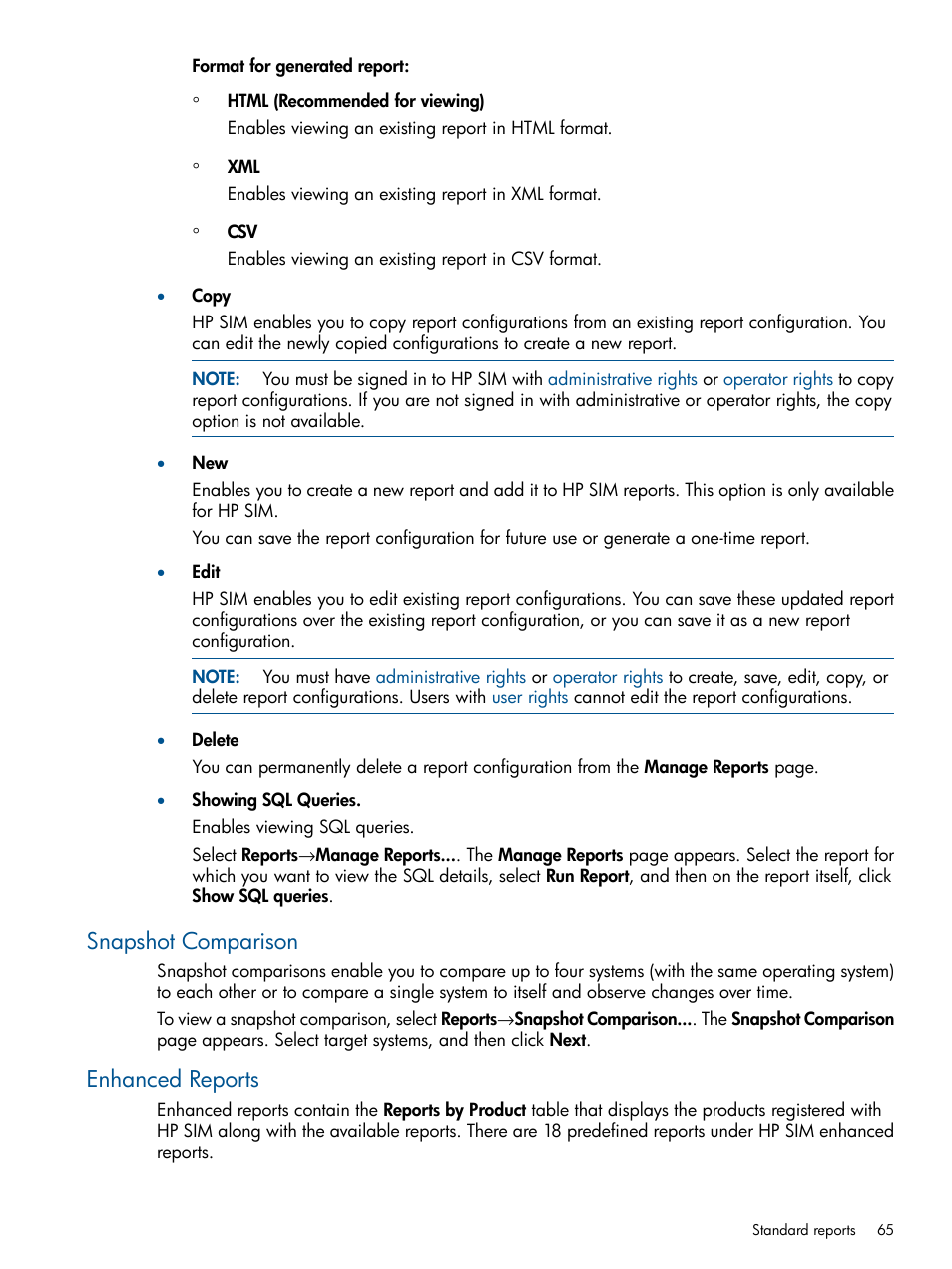 Snapshot comparison, Enhanced reports, Snapshot comparison enhanced reports | HP Systems Insight Manager User Manual | Page 65 / 254