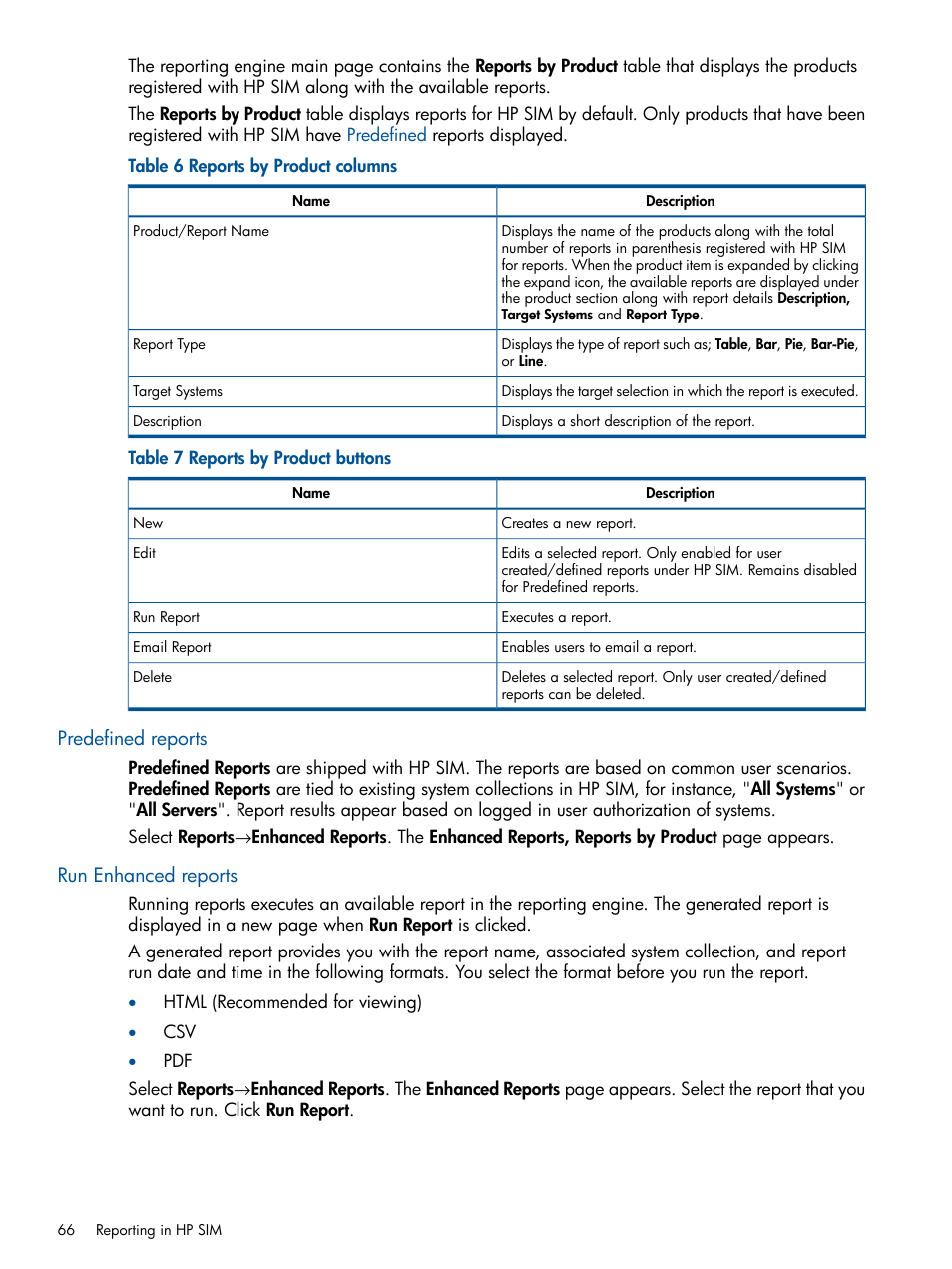 Predefined reports, Run enhanced reports, Predefined reports run enhanced reports | HP Systems Insight Manager User Manual | Page 66 / 254