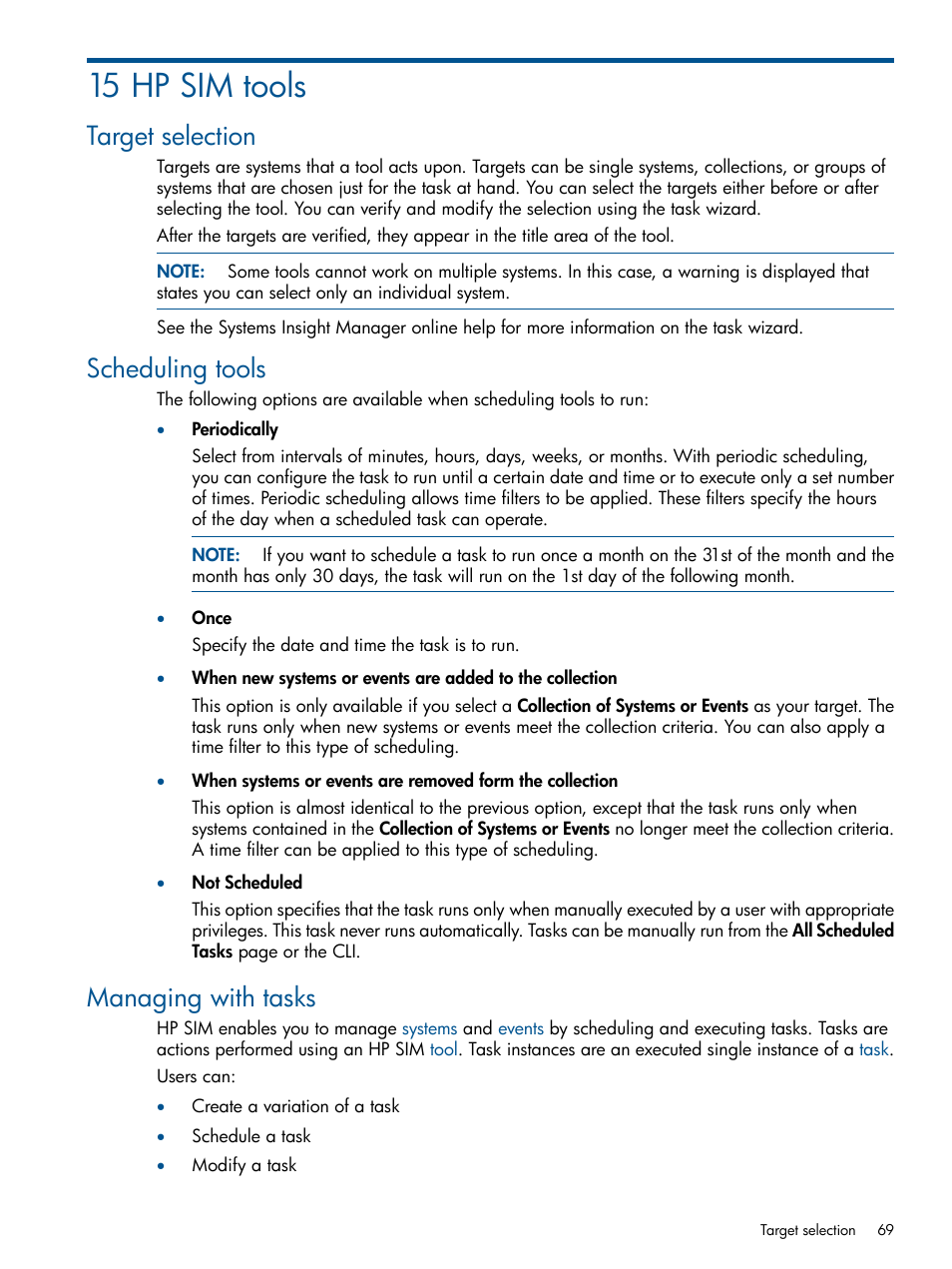 15 hp sim tools, Target selection, Scheduling tools | Managing with tasks | HP Systems Insight Manager User Manual | Page 69 / 254