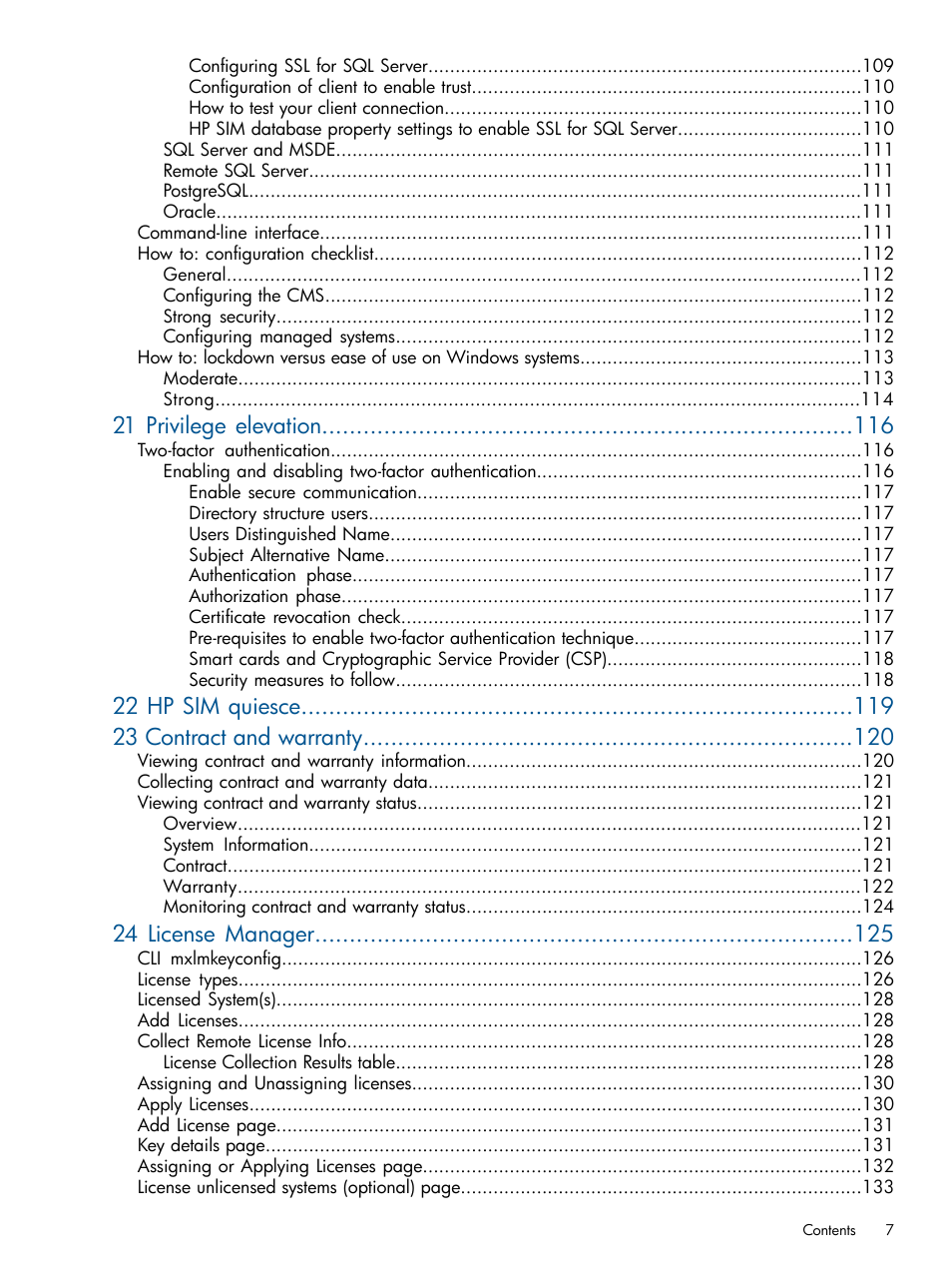 21 privilege elevation, 22 hp sim quiesce 23 contract and warranty, 24 license manager | HP Systems Insight Manager User Manual | Page 7 / 254