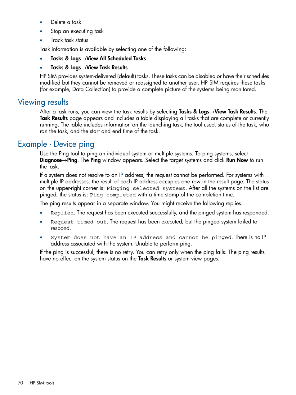 Viewing results, Example - device ping, Viewing results example - device ping | HP Systems Insight Manager User Manual | Page 70 / 254