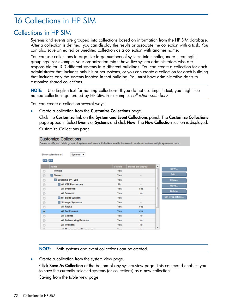 16 collections in hp sim, Collections in hp sim | HP Systems Insight Manager User Manual | Page 72 / 254
