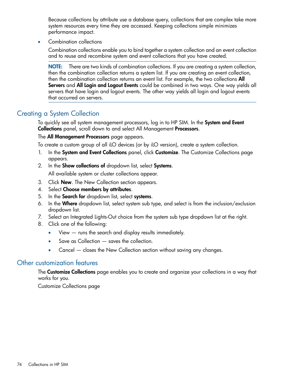 Creating a system collection, Other customization features | HP Systems Insight Manager User Manual | Page 74 / 254