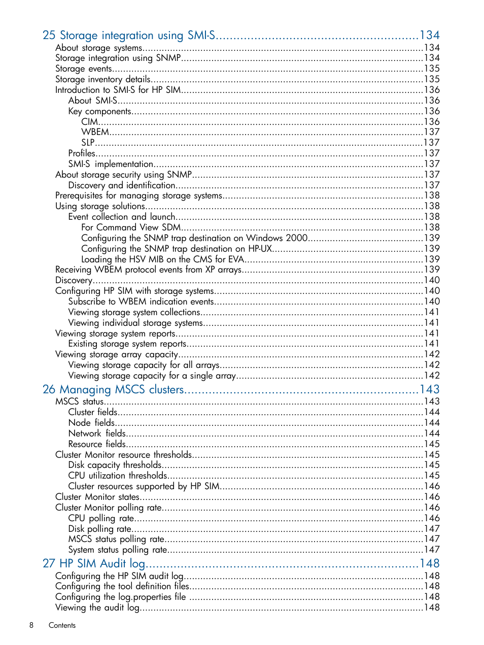 25 storage integration using smi-s, 26 managing mscs clusters, 27 hp sim audit log | HP Systems Insight Manager User Manual | Page 8 / 254