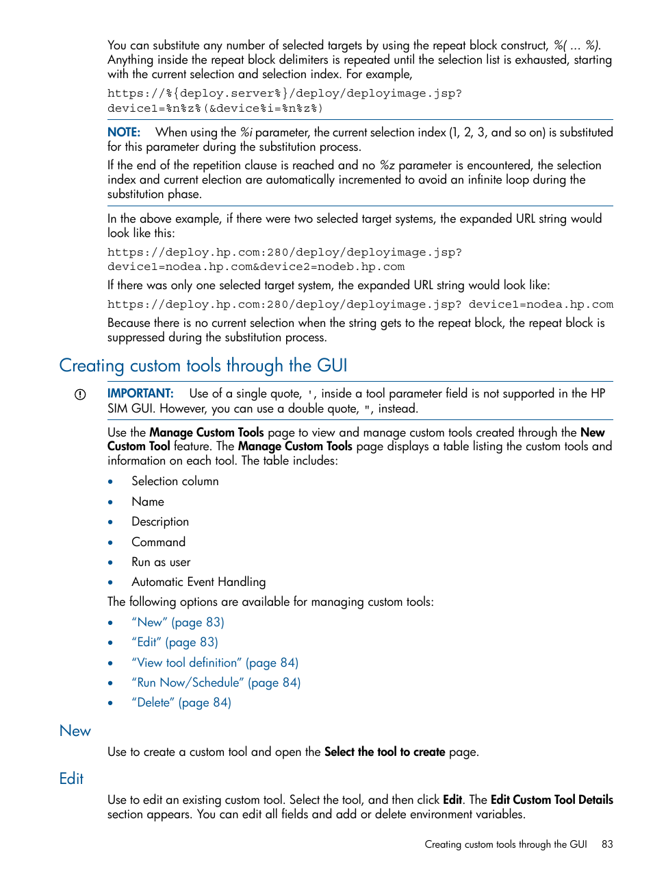 Creating custom tools through the gui, Edit, New edit | HP Systems Insight Manager User Manual | Page 83 / 254