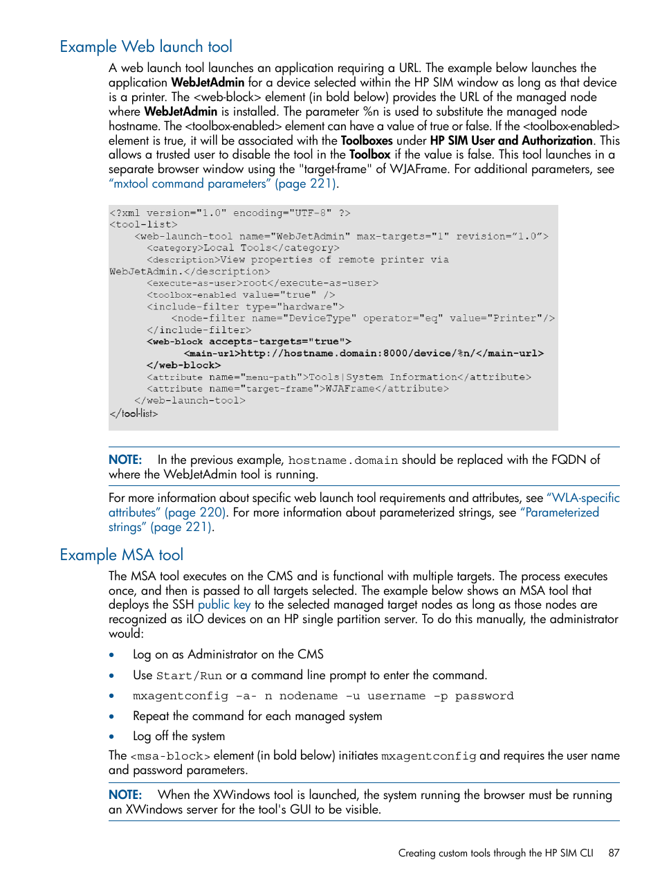 Example web launch tool, Example msa tool, Example web launch tool example msa tool | HP Systems Insight Manager User Manual | Page 87 / 254