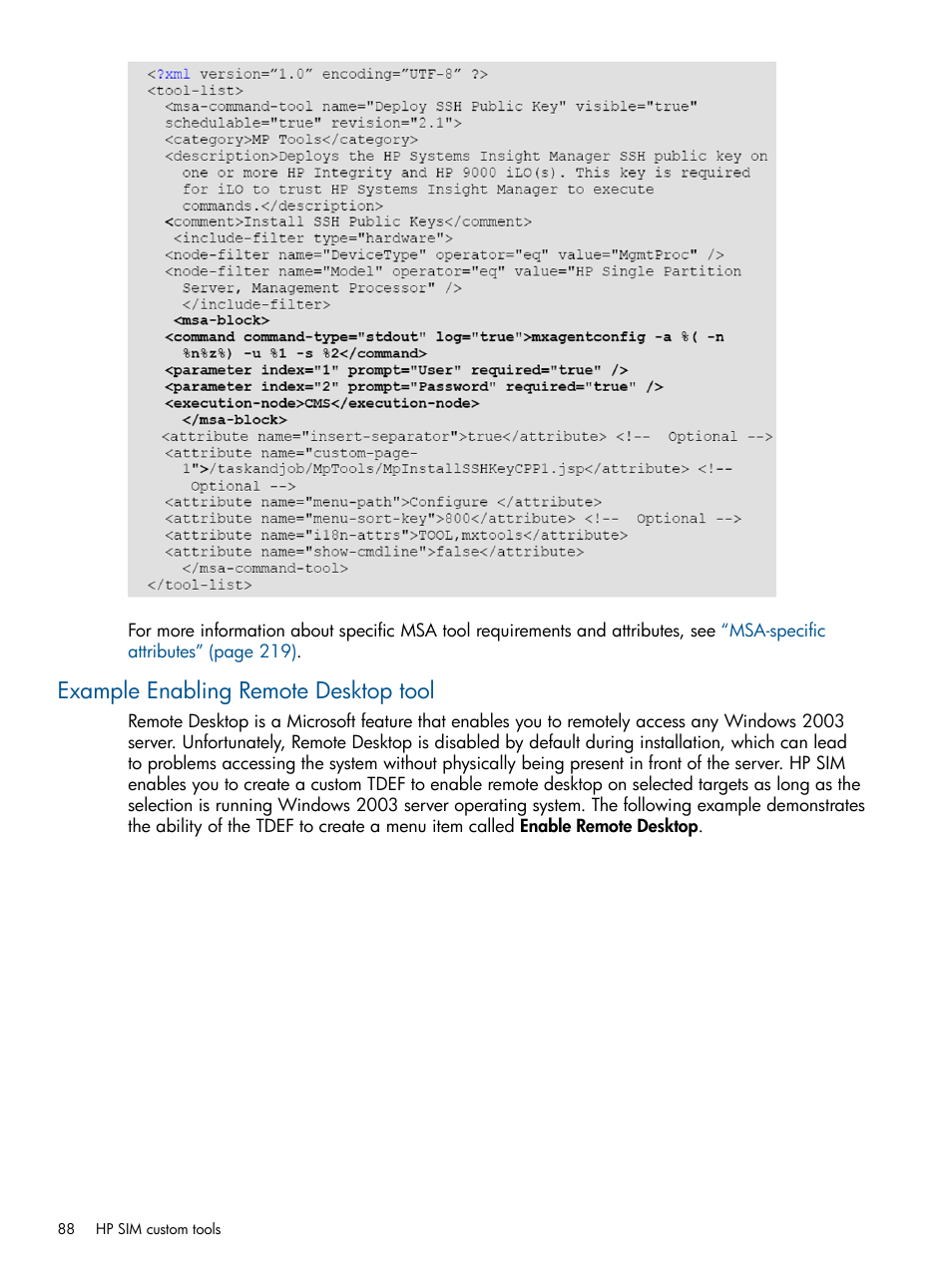 Example enabling remote desktop tool | HP Systems Insight Manager User Manual | Page 88 / 254