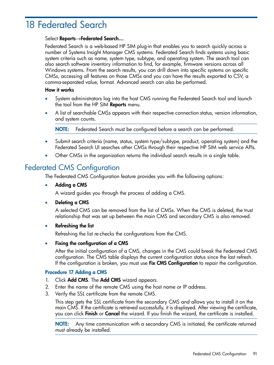 18 federated search, Federated cms configuration | HP Systems Insight Manager User Manual | Page 91 / 254