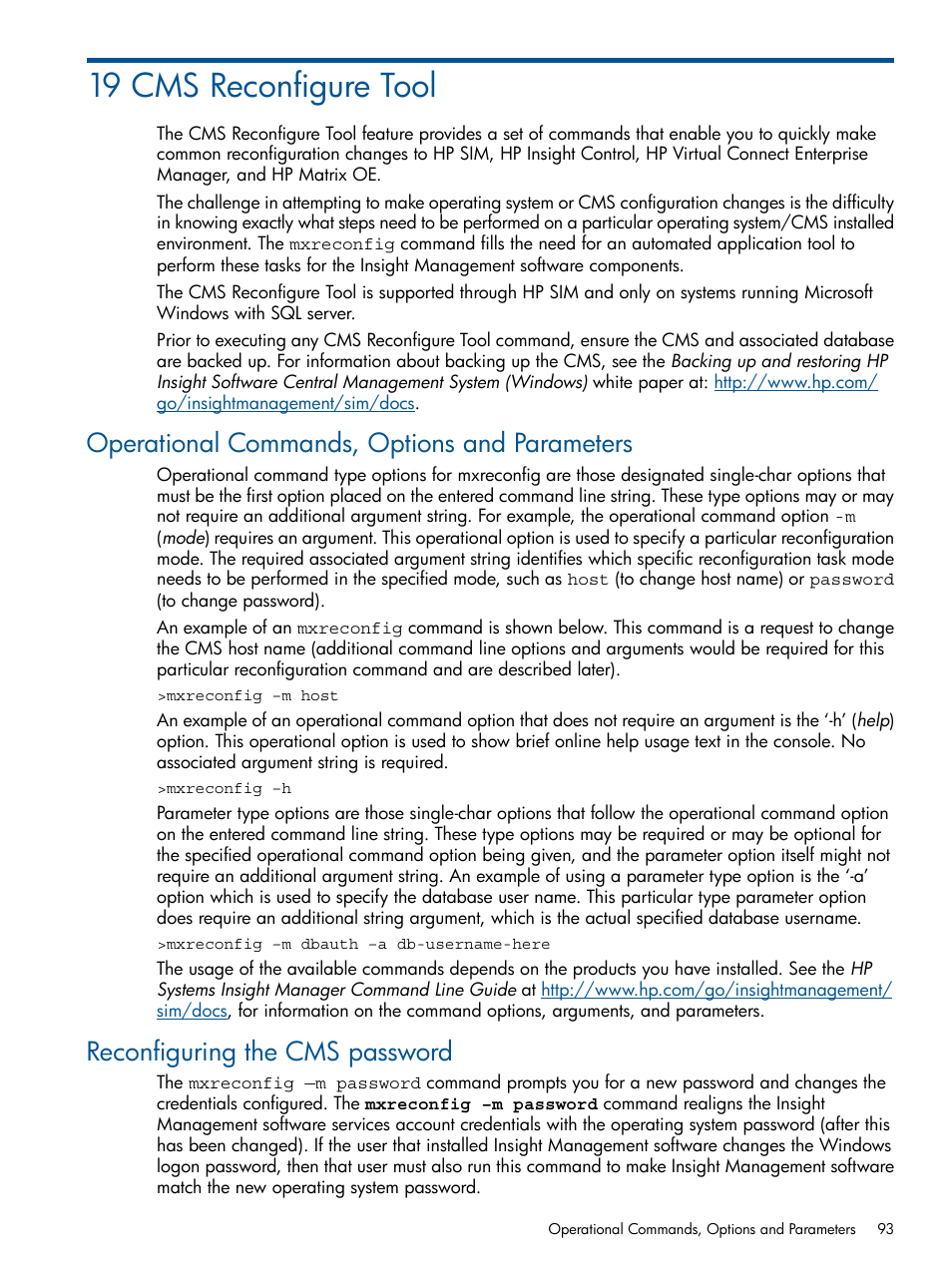 19 cms reconfigure tool, Operational commands, options and parameters, Reconfiguring the cms password | HP Systems Insight Manager User Manual | Page 93 / 254