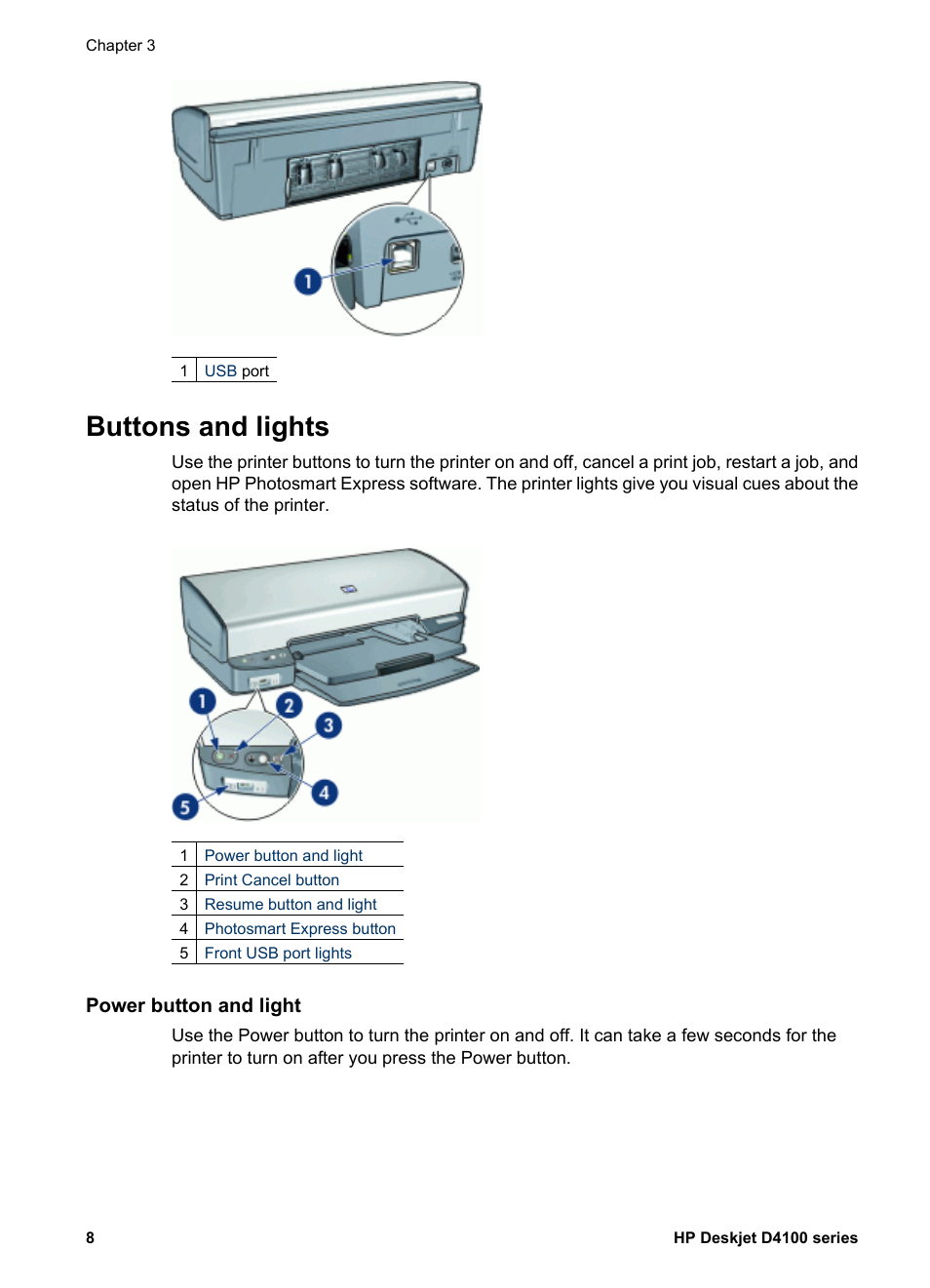 Buttons and lights, Power button and light | HP Deskjet D4160 Printer User Manual | Page 10 / 102