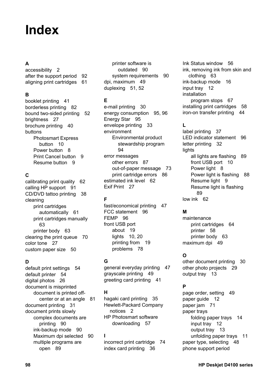 Index | HP Deskjet D4160 Printer User Manual | Page 100 / 102