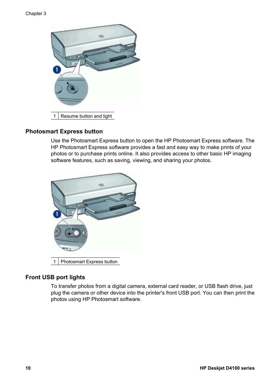 Photosmart express button, Front usb port lights | HP Deskjet D4160 Printer User Manual | Page 12 / 102