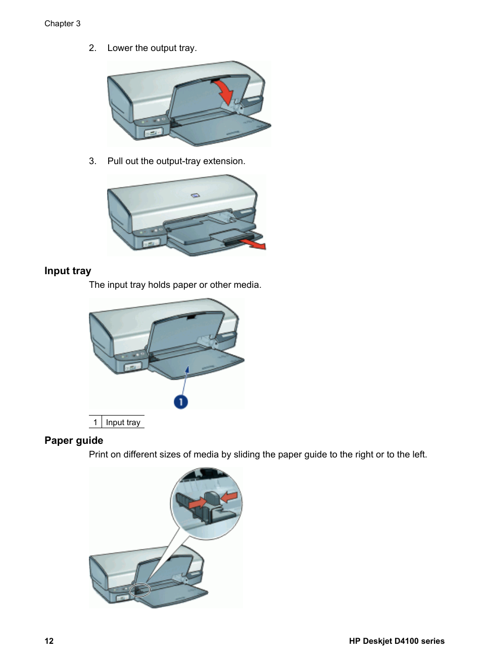 Input tray, Paper guide | HP Deskjet D4160 Printer User Manual | Page 14 / 102