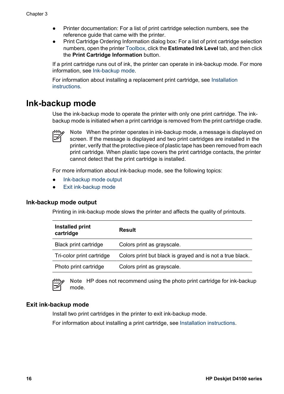 Ink-backup mode, Ink-backup mode output, Exit ink-backup mode | HP Deskjet D4160 Printer User Manual | Page 18 / 102