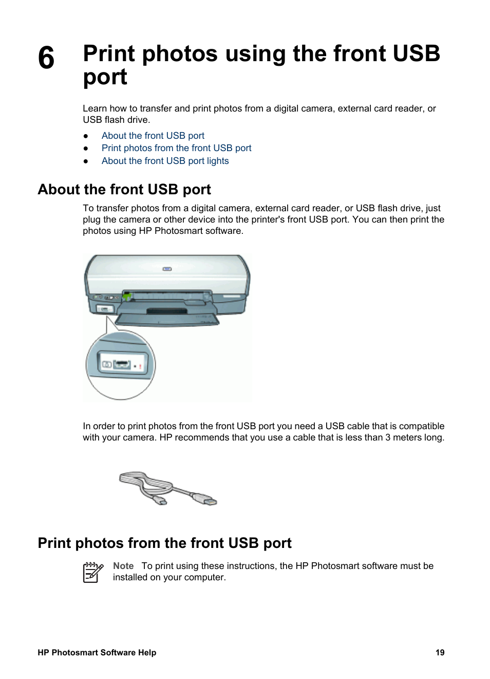 Print photos using the front usb port, About the front usb port, Print photos from the front usb port | Print photos from a digital camera, Front, Front usb port | HP Deskjet D4160 Printer User Manual | Page 21 / 102