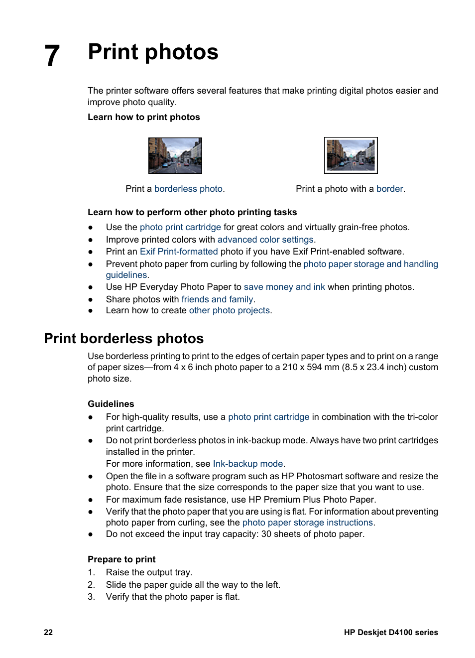 Print photos, Print borderless photos, Print photos print borderless photos | Photos, Without borders | HP Deskjet D4160 Printer User Manual | Page 24 / 102