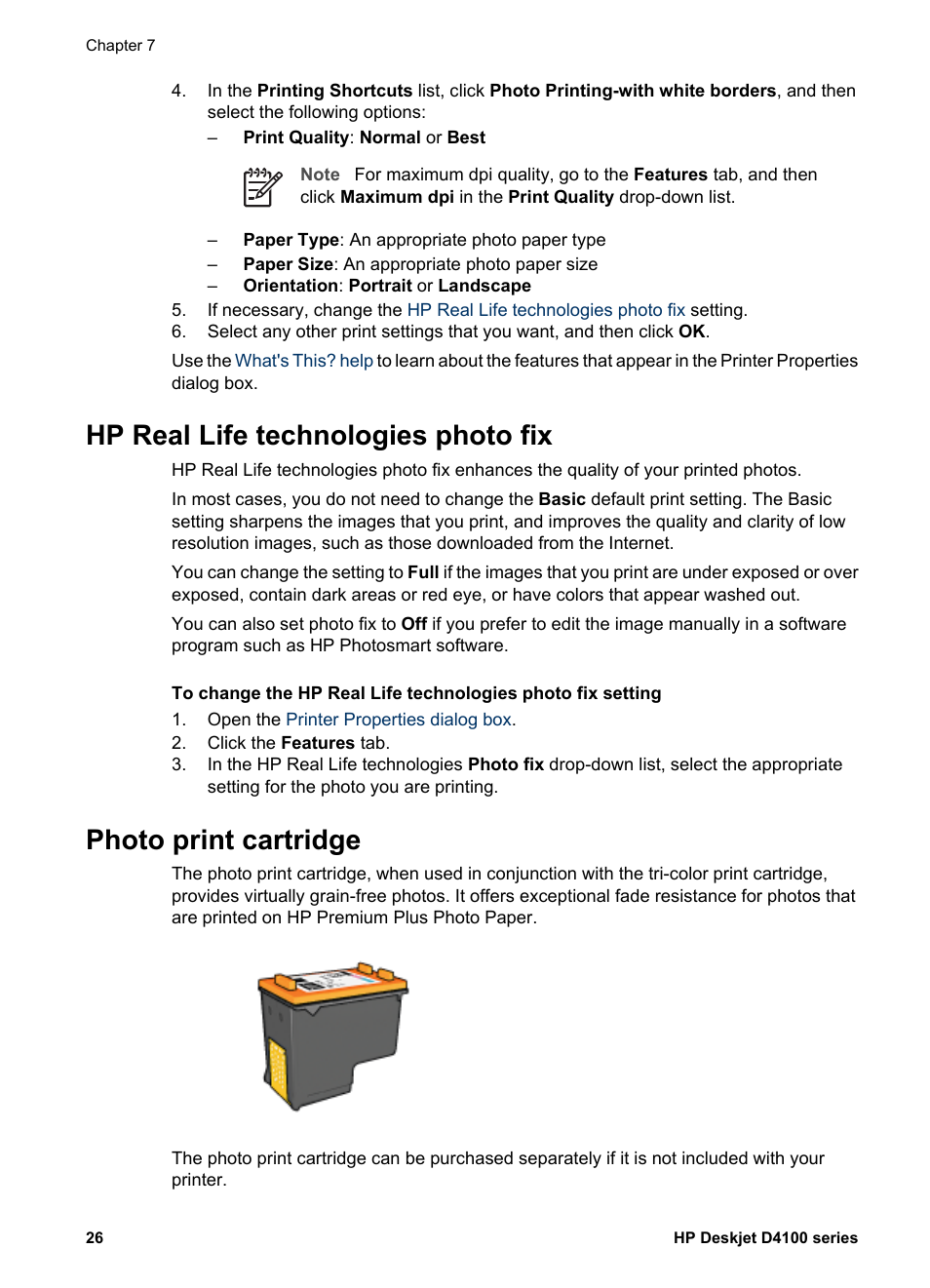 Hp real life technologies photo fix, Photo print cartridge, Photo print | Cartridge | HP Deskjet D4160 Printer User Manual | Page 28 / 102