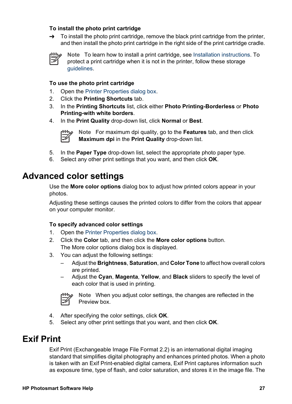 Advanced color settings, Exif print, Advanced color settings exif print | Print an, Exif print-formatted | HP Deskjet D4160 Printer User Manual | Page 29 / 102