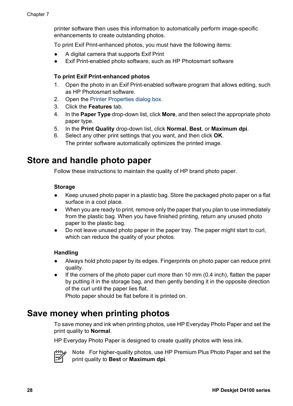 Store and handle photo paper, Save money when printing photos, Photo paper storage and handling | Guidelines, R to, Save money and ink, Photo paper storage instructions | HP Deskjet D4160 Printer User Manual | Page 30 / 102