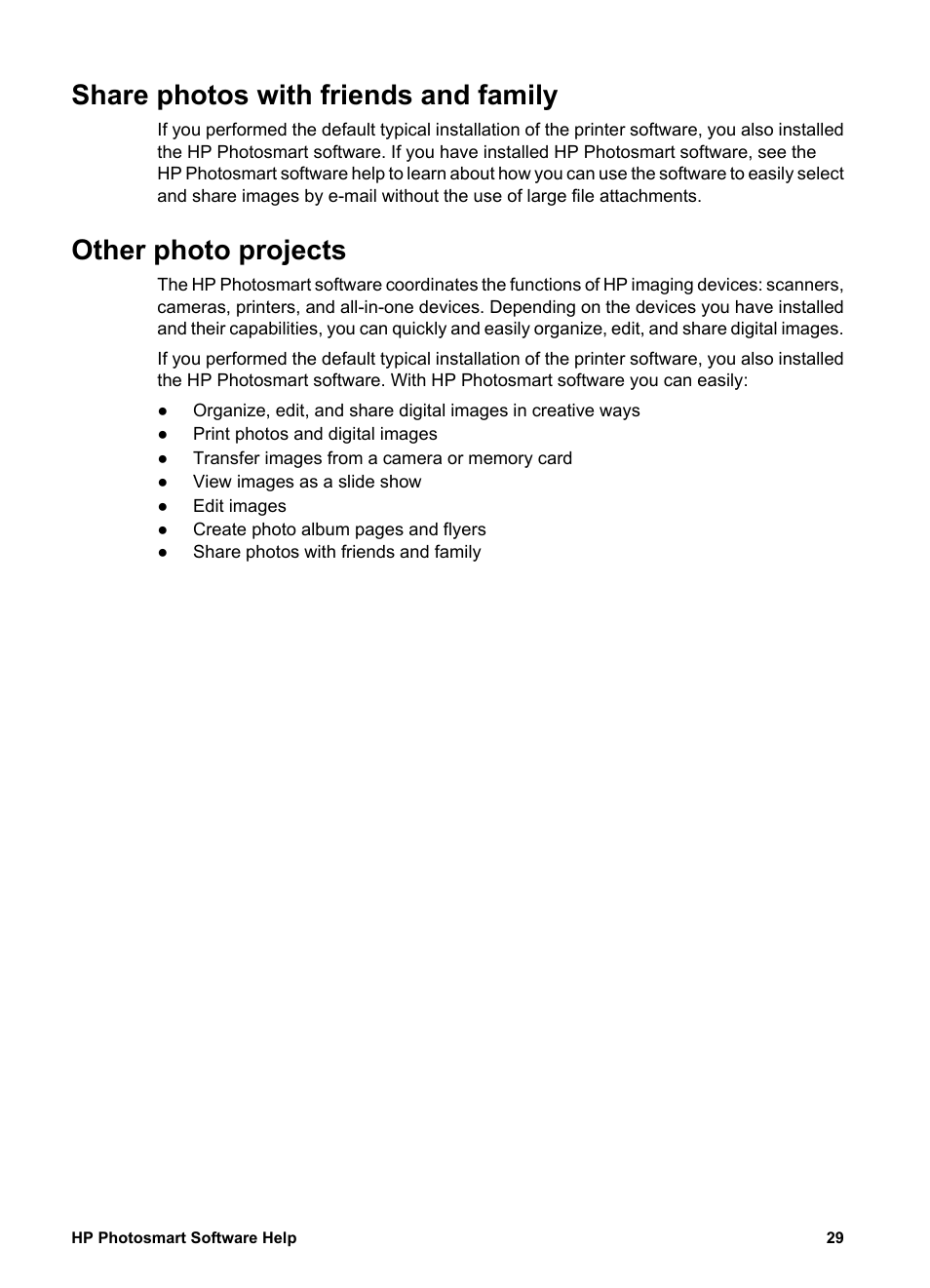 Share photos with friends and family, Other photo projects, Friends and family | HP Deskjet D4160 Printer User Manual | Page 31 / 102