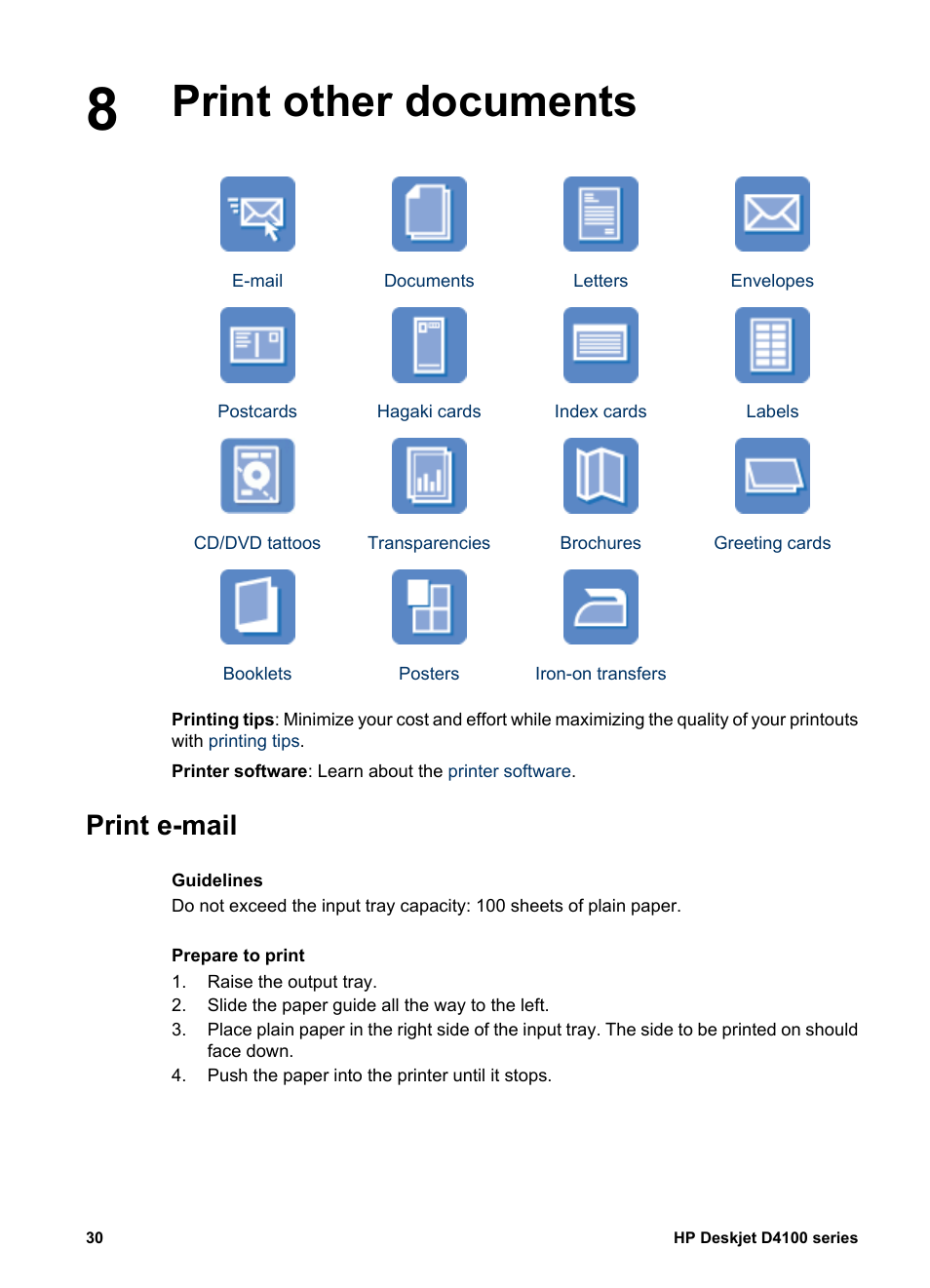 Print other documents, Print e-mail, Print other documents print e-mail | HP Deskjet D4160 Printer User Manual | Page 32 / 102