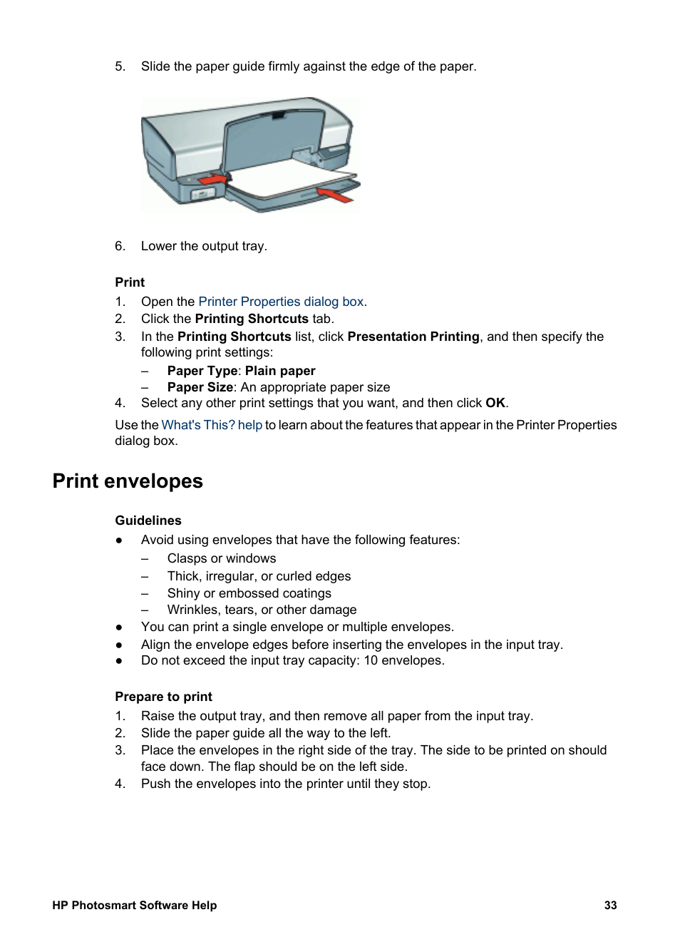 Print envelopes, Envelopes | HP Deskjet D4160 Printer User Manual | Page 35 / 102