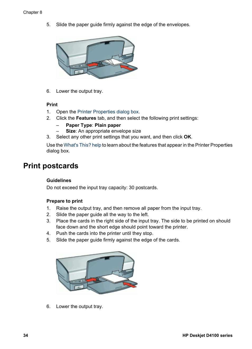 Print postcards, Postcards | HP Deskjet D4160 Printer User Manual | Page 36 / 102