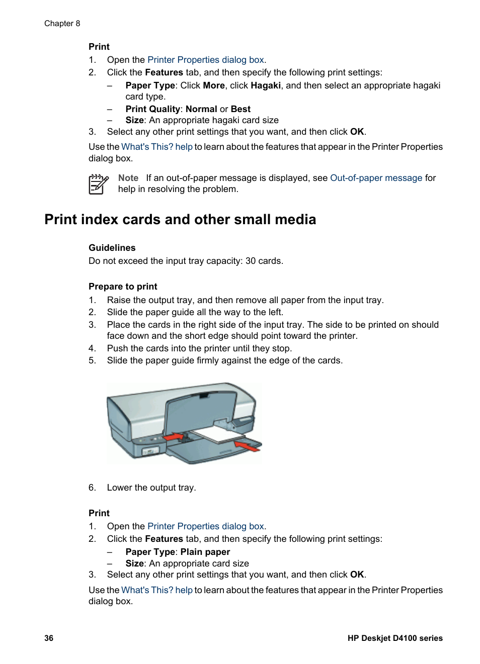 Print index cards and other small media, Index cards | HP Deskjet D4160 Printer User Manual | Page 38 / 102