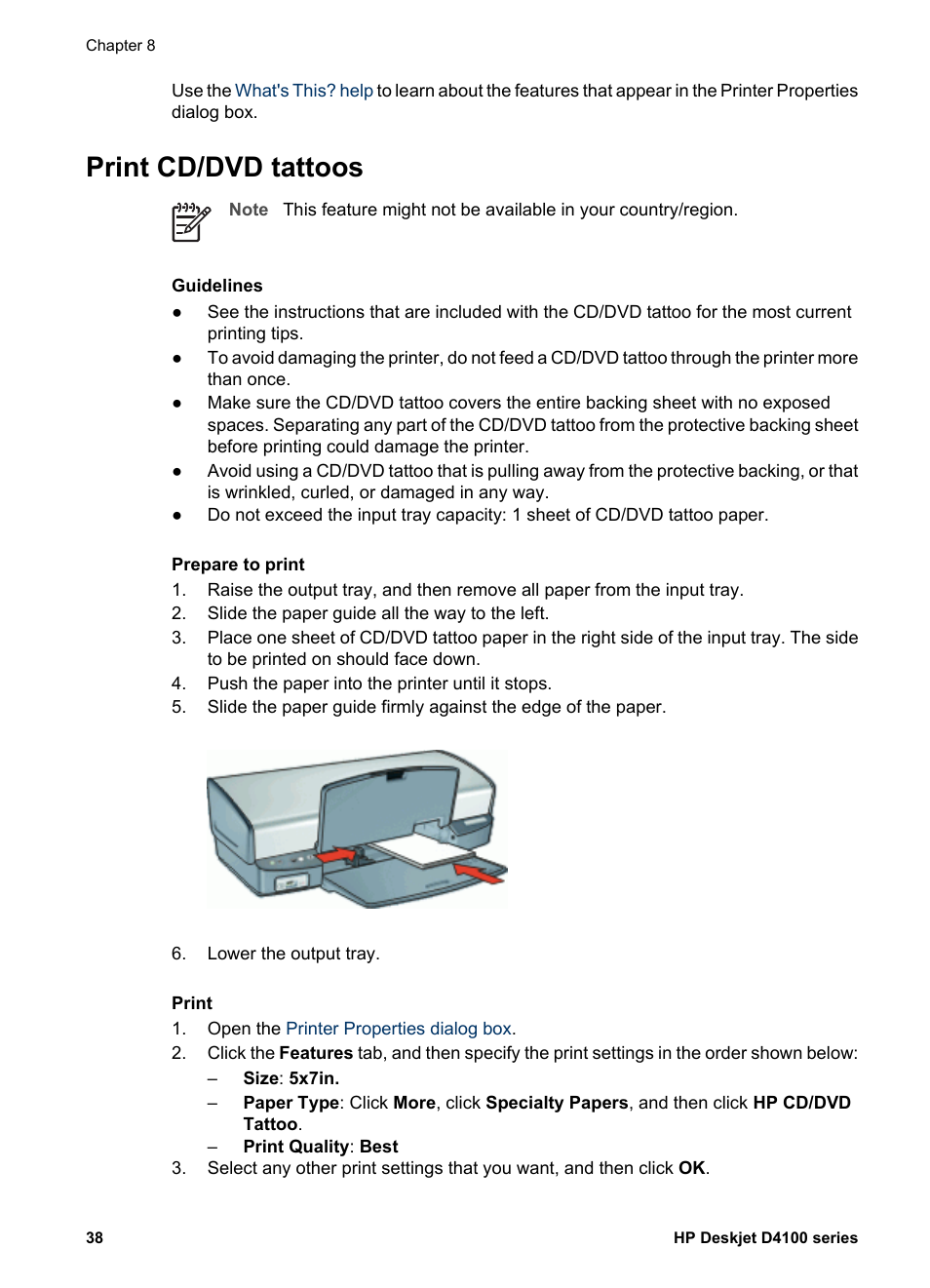 Print cd/dvd tattoos, Cd/dvd tattoos | HP Deskjet D4160 Printer User Manual | Page 40 / 102