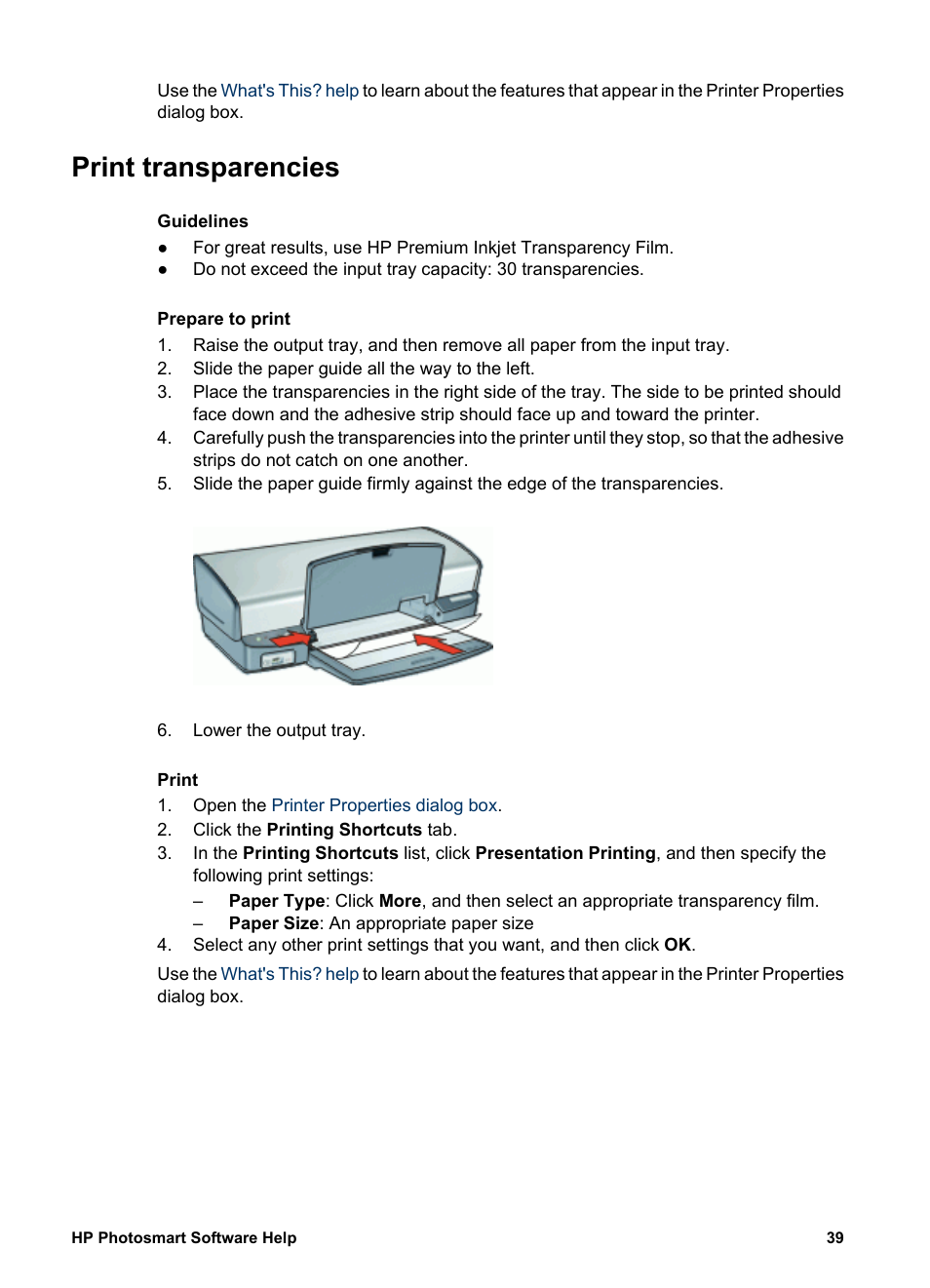 Print transparencies, Transparencies | HP Deskjet D4160 Printer User Manual | Page 41 / 102