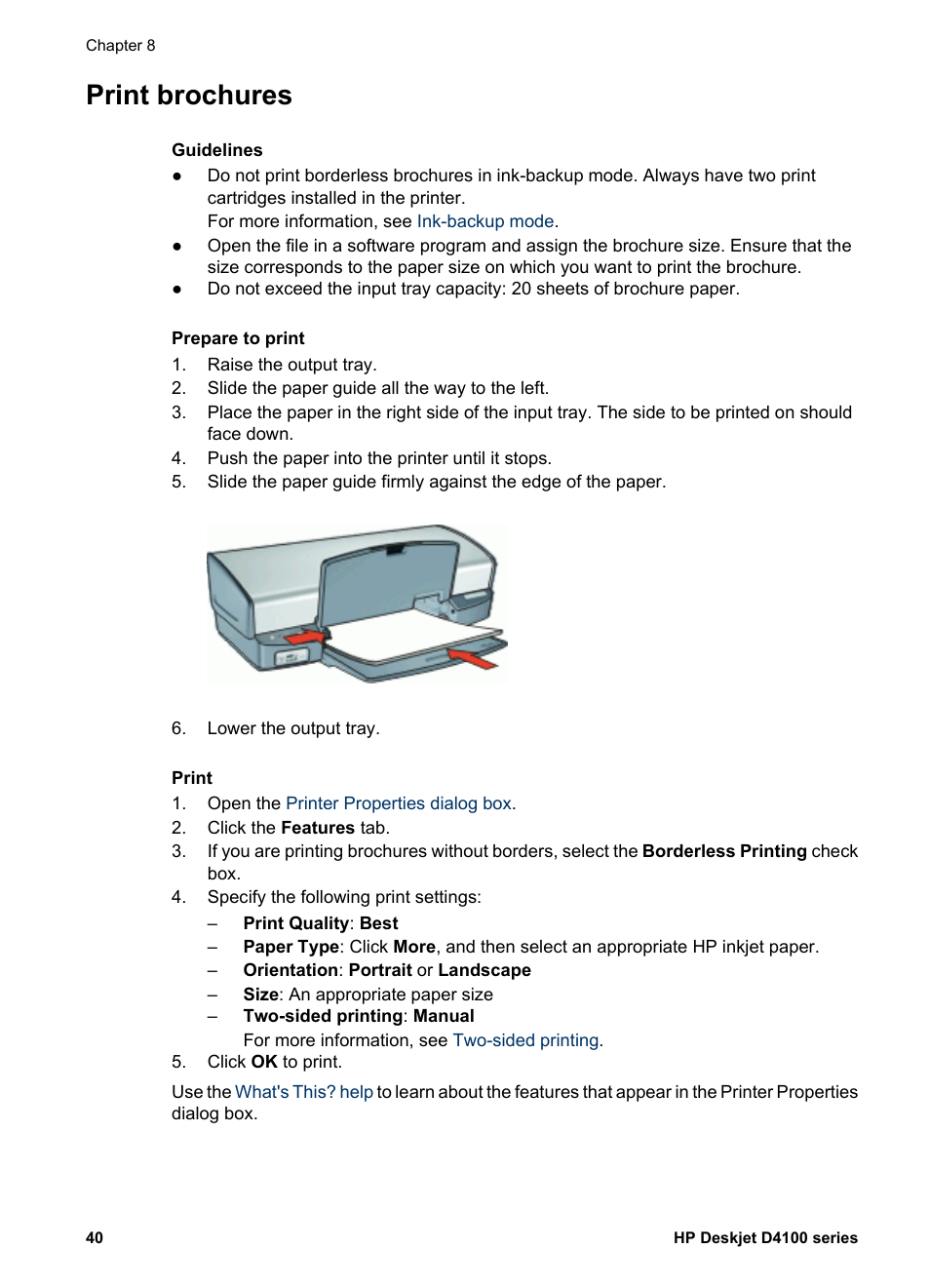 Print brochures, Brochures | HP Deskjet D4160 Printer User Manual | Page 42 / 102