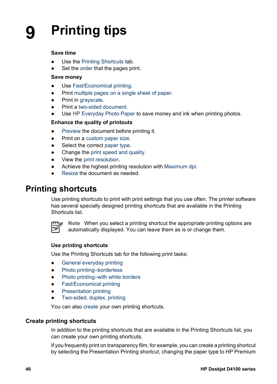 Printing tips, Printing shortcuts, Create printing shortcuts | HP Deskjet D4160 Printer User Manual | Page 48 / 102