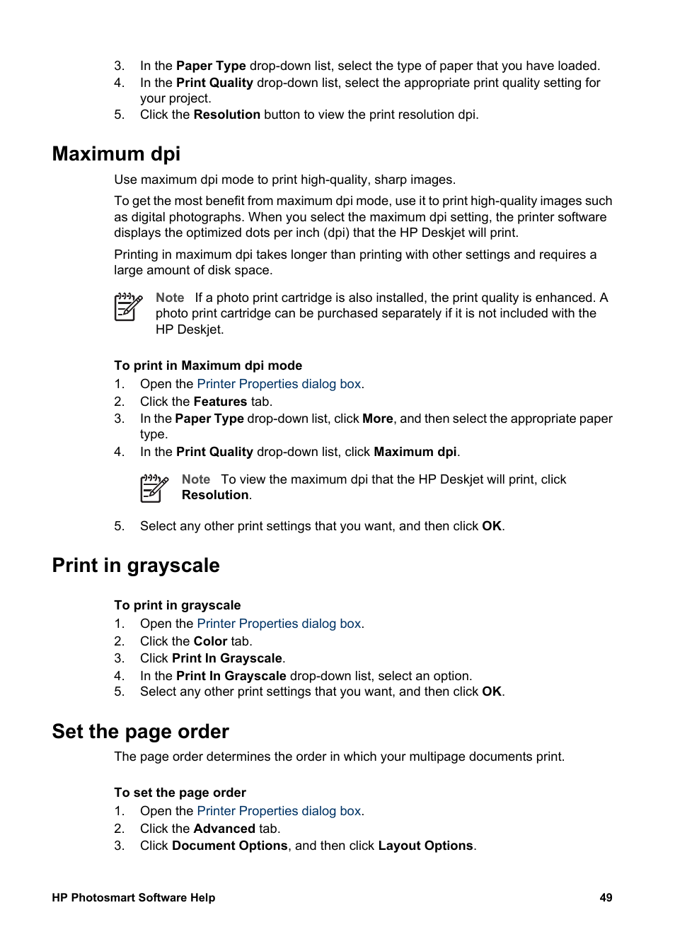 Maximum dpi, Print in grayscale, Set the | Order, Grayscale, Set the page order | HP Deskjet D4160 Printer User Manual | Page 51 / 102