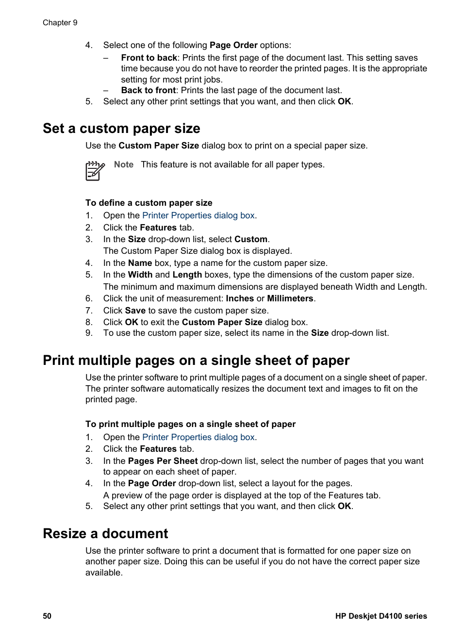 Set a custom paper size, Resize a document, Print | Custom paper size, Resize, Print multiple pages on a single sheet of paper | HP Deskjet D4160 Printer User Manual | Page 52 / 102
