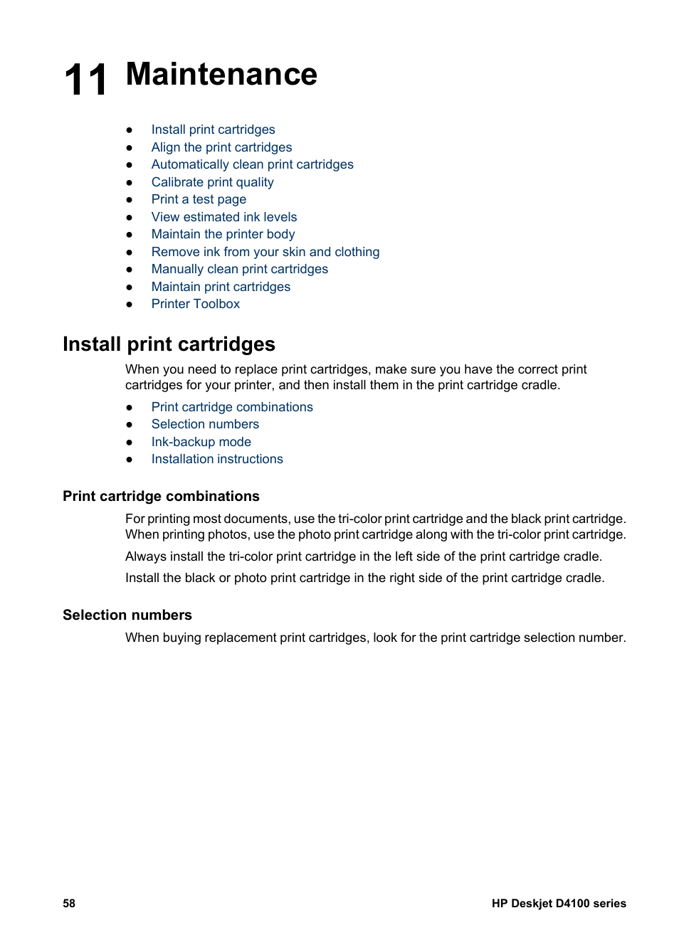 Maintenance, Install print cartridges, Print cartridge combinations | Selection numbers, 11 maintenance | HP Deskjet D4160 Printer User Manual | Page 60 / 102