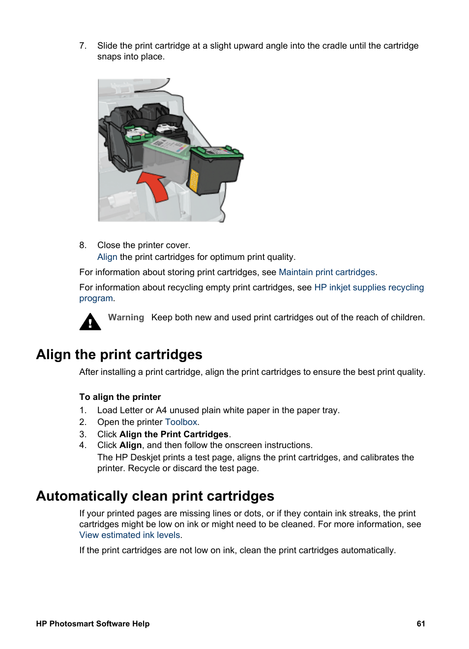Align the print cartridges, Automatically clean print cartridges | HP Deskjet D4160 Printer User Manual | Page 63 / 102