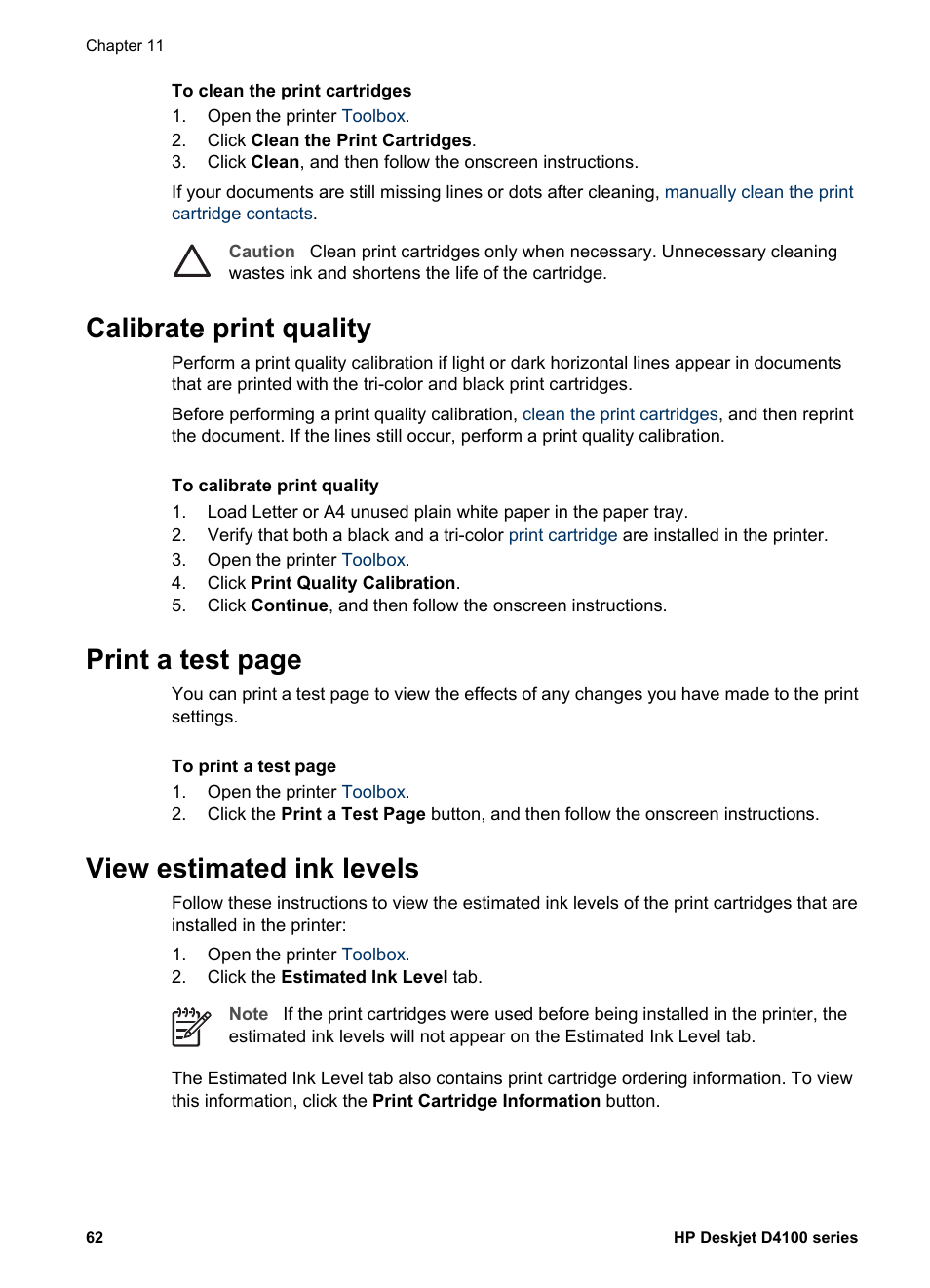 Calibrate print quality, View estimated ink levels, Print a test page | HP Deskjet D4160 Printer User Manual | Page 64 / 102