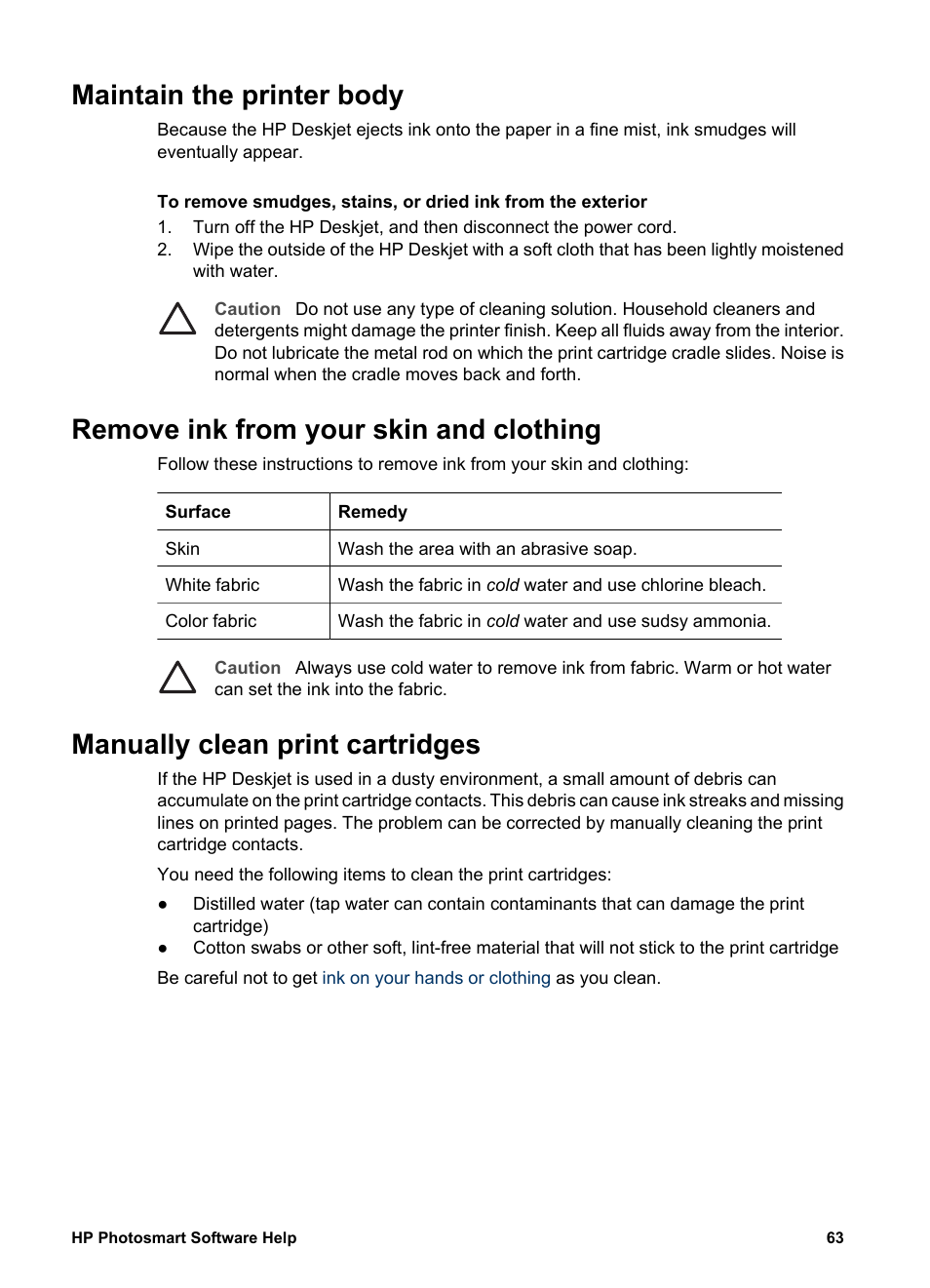 Maintain the printer body, Remove ink from your skin and clothing, Manually clean print cartridges | Manually clean the print, Cartridge contacts | HP Deskjet D4160 Printer User Manual | Page 65 / 102