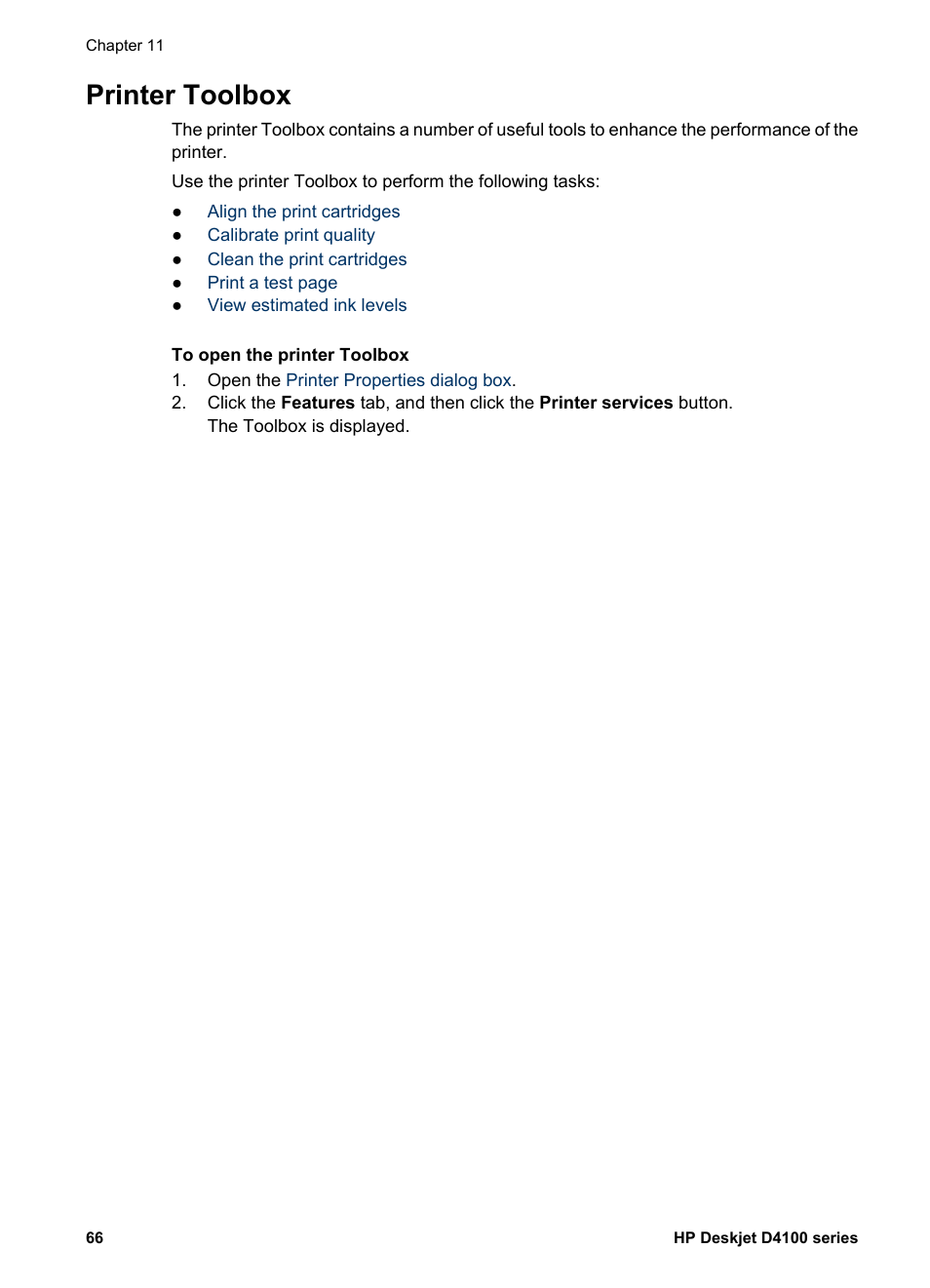 Printer toolbox, Toolbox | HP Deskjet D4160 Printer User Manual | Page 68 / 102