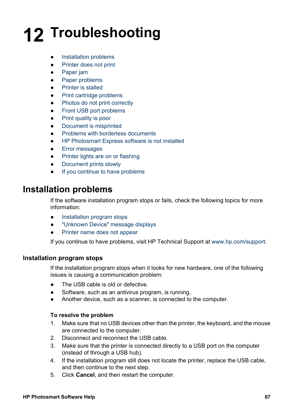 Troubleshooting, Installation problems, Installation program stops | 12 troubleshooting | HP Deskjet D4160 Printer User Manual | Page 69 / 102